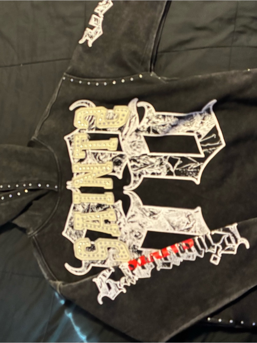 Black Studded Hooded Jacket with Graphic Detail